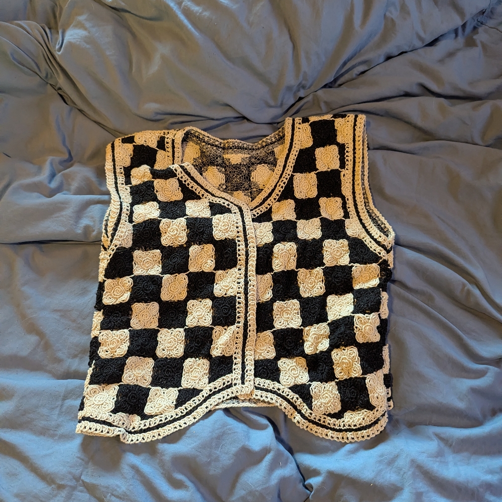 Black and White Checkered Crochet Vest